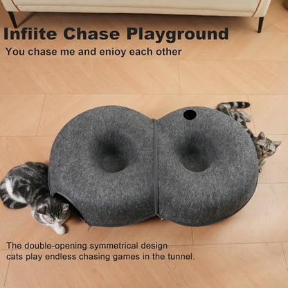 8-Shaped Large Cat Tunnel Bed for Indoor Cats, Infinite Circulation Peekaboo Cat Cave with 12 Toy Balls, Cat Donut Tunnel for Cats up to 30 Pounds (Dark Grey, L 38x24x11in) - color: Dark Grey