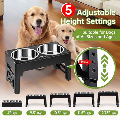 EliteField Elevated Dog Bowls (2-Year Warranty), Two 58 oz Stainless Steel Food Bowls, 5 Adjustable Raised Heights (4", 9.5", 10.5", 11.5", 12.75") Suitable for Dogs of All Ages, Small to Large Sizes - color: Black, size: 2 Stainless Steel Bowls