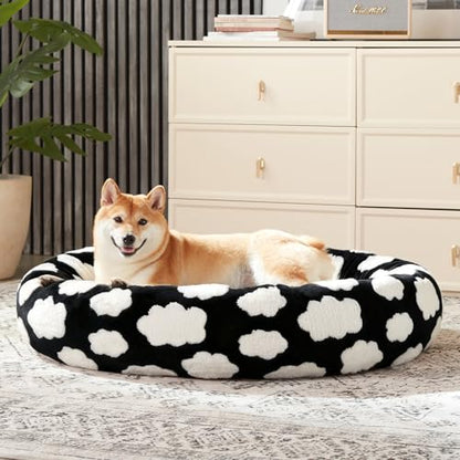 JOEJOY Donut Dog Bed Medium Size Dog, Cute Round Calming Pet Bed with Removable Washable Cover, Orthopedic Puppy Bed with Jacquard Shaggy Plush & Non Skid Bottom - color: Black, size: M (30x30x8)