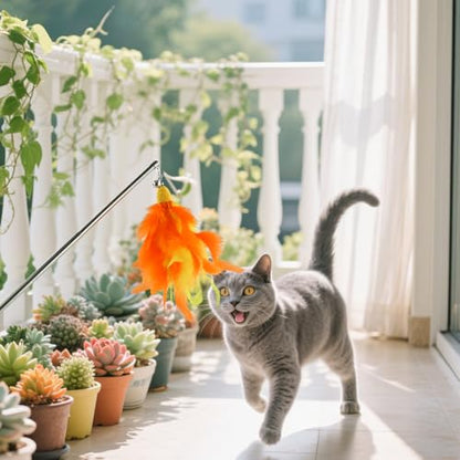 Andiker 5Pcs Retractable Cat Wand Toy, Cats Toy Set Contains 1 Feather Teaser & 3 Replaceable Tassels with Bell Stimulate Cats Hunting and Chasing Instincts Interactive Cat Toys (Orange) - color: Orange