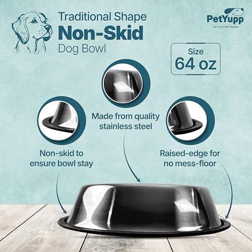 Stainless Steel Non Skid Dog Bowl – Non-Slip Rubber Base, Rust-Proof & Dishwasher Safe – Durable Food and Water Bowl for Dogs and Cats – 64oz - size: Non Skid Bowl - 64 oz