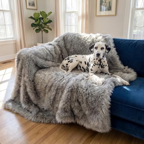 IHAPPYDOG Waterproof Faux Fur Dog Blanket – Pet Throw & Couch Protector for Sofa, Bed, Furniture – Plush Pup Cover for Small Medium Large Dogs – Machine Washable – Grey – 80" x 60" - color: Grey, size: 80" x 60"