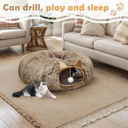 Cat Tunnel Bed for Indoor Cats, Soft Plush Donut Peekaboo Cat Cave, Multifunctional Playground Toy for Small Medium Large Cats, Kittens, Rabbits, Ferrets, with Washable Cushion (Brown) - color: Brown