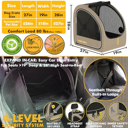 PAWZIDEA Portable Dog Crate for Car, 45% Extra Tall Travel Kennel for Medium & Large Dogs up to 80lbs Sit Upright, Enclosed Soft-Sided Backseat Carrier Collapsible, Secure w/Seatbelt & Headrest Strap - color: Khaki Plaid, Large