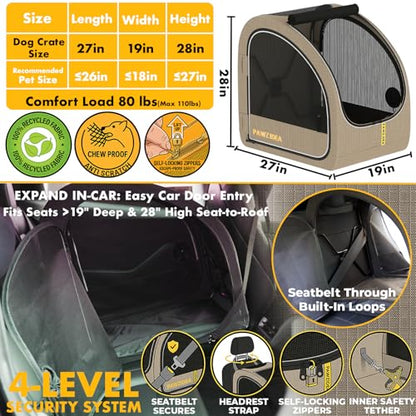 PAWZIDEA Portable Dog Crate for Car, 45% Extra Tall Travel Kennel for Medium & Large Dogs up to 80lbs Sit Upright, Enclosed Soft-Sided Backseat Carrier Collapsible, Secure w/Seatbelt & Headrest Strap - color: Khaki Plaid, Large