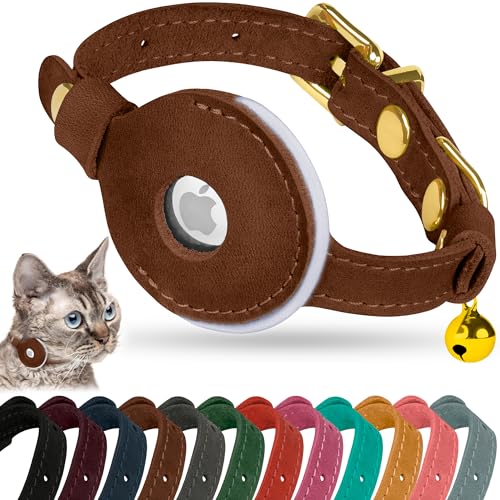 OOPSDOGGY Reflective Leather AirTag Cat Collar with Bell - Non Breakaway Adjustable Pet Collar with Apple Air Tag Holder - Lightweight GPS Kitten Collars for Small Dogs Puppy (Brown) - color: Brown