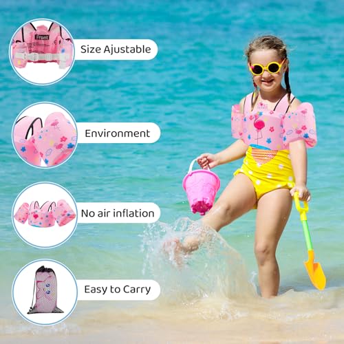 Toddler Swim Vest Floaties for 22-66 lbs / 2-6 Y Kids Swim Jacket with Adjustable Safety Buckle Arm Wings Swim Training for Boys and Girls Beach Boating Pool Floats - color: Pink Flamingo