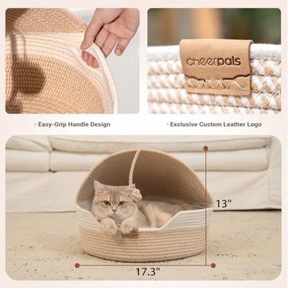 Cat Basket Bed with Washable Cushion and Ball Rope Cotton, Covered Pet Bed for Indoor Cats Cave Bed Hooded, Stimulicat Cat Bed Handwoven Breathable, All Season Universal(White) - color: White