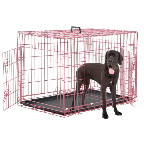 48 Inch Extra Large Dog Crates for Medium Dogs, Double-Door Folding XXL Dog Cage for Large Dog, Indoor/Outdoor Dog Crates Metal Wire Pet Kennel with Plastic Tray and Handle(Pink) - color: Pink, size: 48.0"L x 29.0"W x 32.0"H