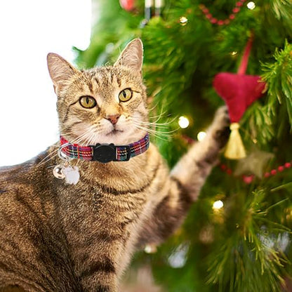 Unique style paws 2 Pack Christmas Kitten Collar Breakaway with Bell & Pendant, Adjustable Safety Cat Cotton Collars for Girl Boy Cats and Small Pets - color: Scottish & red green grid