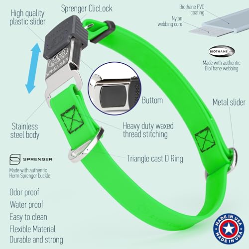 Biothane Waterproof Durable Dog Collar with Herm Sprenger - Quick Release ClicLock Buckle - Fits Medium and Large Dogs - Made in USA (Tropical Green, W 3/4" x L 12"-19") - color: Tropical Green, size: W 3/4" x L 12"-19"