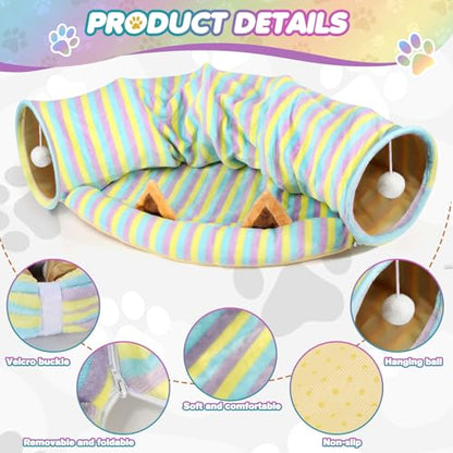 Spardar Bunny Tunnel Bed, 2-in-1 Collapsible Tunnel Tubes Toys, Washable, with Removable Mat Hideout, Interactive Toys for Rabbits Chinchilla Hedgehog Guinea Pigs Kitty, Stripe - color: Stripe