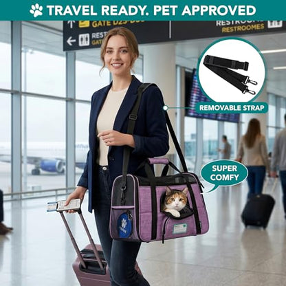 PetAmi Airline Approved Pet Carrier for Cats & Small Dogs, Soft Sided TSA Travel Carrier Bag with Sherpa Bed, Breathable Mesh Ventilation, Collapsible Bowl, Up to 18 lbs, Small Heather Purple - color: Heather Purple, size: Small - 17"L x 10.2"W x 11.2"H