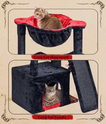 SYANDLVY Gothic Cat Tree for Indoor Cats Large Adult, Modern Activity Tower with Scratching Posts & Board, Condo with Plush Perch, Cradle & Hanging Ball & Spider for Play, Black - color: Black