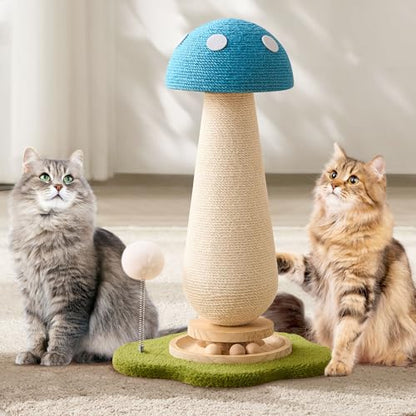 Mushroom Cat Scratching Post Cat Tree, 21.5‘’ H Cute Cat Scratcher Tower with Durable Solid Wood Turntable Toy, Mushroom Scratch Post Cat Sisal Scratcher with Catnip for Indoor Adult Cats-Blue - color: Blue Mushroom