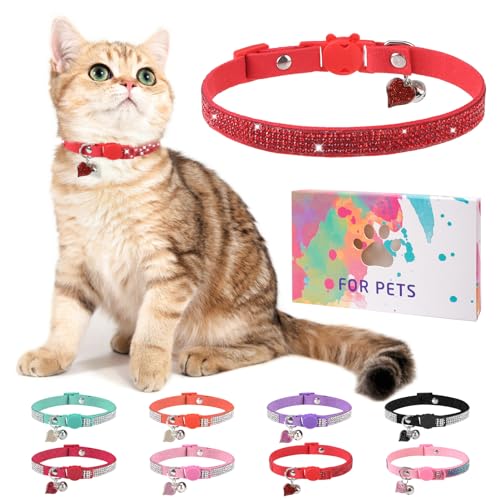 Rhinestone Cat Collar Breakaway with Bell, Diamond Cat Collar with Safety Buckle Quick Release for Girl Boy Small Kitten Pets Puppy,Cute Soft Female Male Cat Collars, Christmas 8-12" - color: Red-2 (1 Pack), size: 8"-12" Cats / Mini Dogs