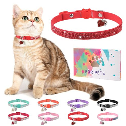 Rhinestone Cat Collar Breakaway with Bell, Diamond Cat Collar with Safety Buckle Quick Release for Girl Boy Small Kitten Pets Puppy,Cute Soft Female Male Cat Collars, Christmas 8-12" - color: Red-2 (1 Pack), size: 8"-12" Cats / Mini Dogs