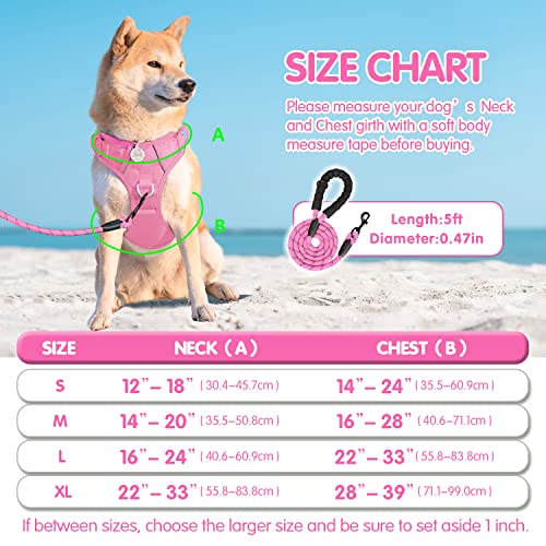 PoyPet No Pull Dog Harness and 5 Feet Leash Set, Release on Neck Reflective Adjustable Pet Vest, Front & Back 2 D-Ring and Soft Padded Pet Harness with Handle for Small to Large Dogs(Pink,M) - color: Light Pink, size: Medium
