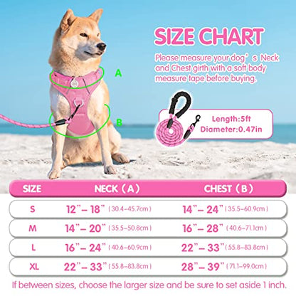 PoyPet No Pull Dog Harness and 5 Feet Leash Set, Release on Neck Reflective Adjustable Pet Vest, Front & Back 2 D-Ring and Soft Padded Pet Harness with Handle for Small to Large Dogs(Pink,M) - color: Light Pink, size: Medium