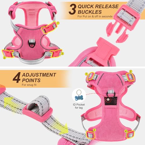 BEAUTYZOO No Pull Dog Harness Large, Adjustable Dog Harness and Leash Set -Easy Wearing with 3 Buckles/Control Handle,No Choke Soft Padded Reflective Pet Vest for Training Walking Hiking,Rose S - color: Solid Rose, size: S: chest 14"-24"