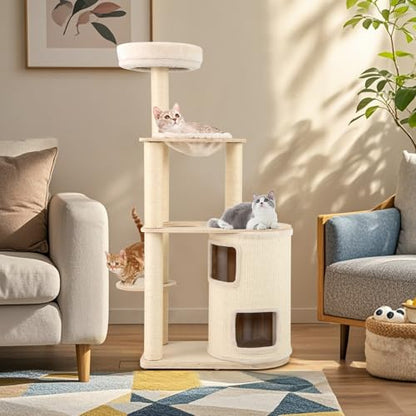 Tangkula Cat Tree Tower, 60 Inch Multi-Level Modern Wooden Cat Tower with 2-Story Condo, Sisal Scratching Posts & Mat, Perch, Hammock, Washable Plush Cushion for Indoor Cats Large Adult - size: 60 Inch