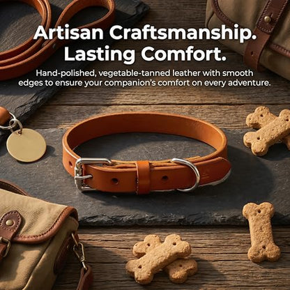 XanYu Premium Genuine Leather Dog Collar – Adjustable Heavy Duty Pet Collar with Sturdy Metal Buckle, Soft & Classic for Puppy and Small, Medium, Large Dogs (Tan)