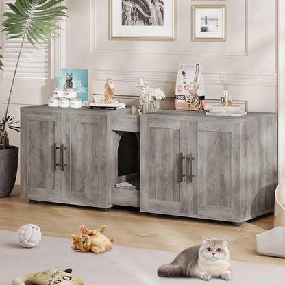 Garvee Cat Litter Box Enclosure for 2 Cats, 55" Hiddden Litter Box Enclosure Furniture 3-in-1 Wooden Litter Cabinet with Barn Door & Double Rooms for Bedroom Living Room, Gray - color: Gray