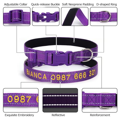 Padded Dog Collar,Soft Neoprene Personalized Pet Collar,Custom Embroidered Pet Name and Phone Number,Breathable Nylon Dog Collars,Quick Release Snap Buckle Dog Collar,Purple - color: Purple