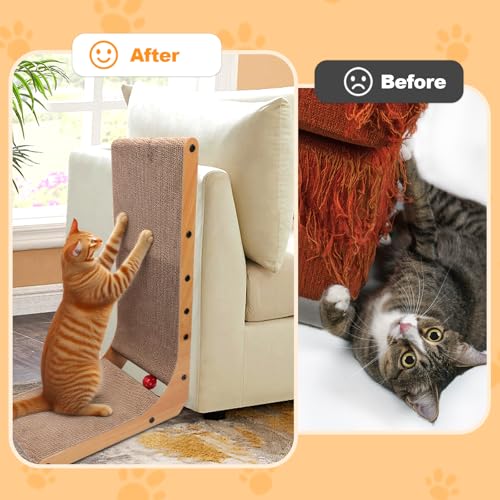 Goosheep L-Shaped Cat Scratcher 2-in1 Scratching Board for Indoor Cats Protecting Furniture Cardboard Box Scratch Pad with Ball Toy Cats Scratching Posts with Cat Teaser - color: 1pk 25.2in L-Shape Cat Scratcher with Box