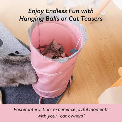 Cat Tunnel for Indoor Cats Peekaboo, 2-in-1 Interactive Cat Enrichment with Ball Toys, Large Felt Mat, Scratch Resistant Cats Activity Play Mats for Multiple Kittens, Dogs【Pink】