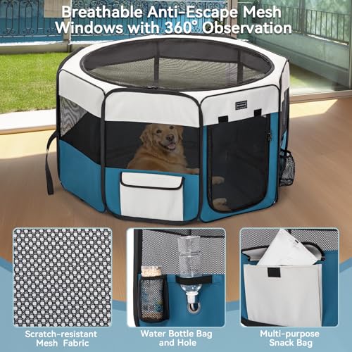 PETSFIT 45.5" Dog Playpen Indoor/Outdoor-Jump-Proof 28.5" Height with Removable Waterproof Mat & Zippered Roof | RV, Camping, Travel Dog Pen | Whelping & Cat Observation Space(45.5"L x 45.5"W x 28.5H) - color: Blue