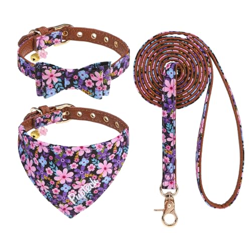 PUPTECK Dog Collar and Leash Set - 3 Pack Adjustable Pet Bandana Collars with Bow Tie and Bells, Soft PU Leather for Small Dogs Puppies and Cats Accessories, Purple Flowers - color: Purple, size: S [Collar 9.4-11.8"]