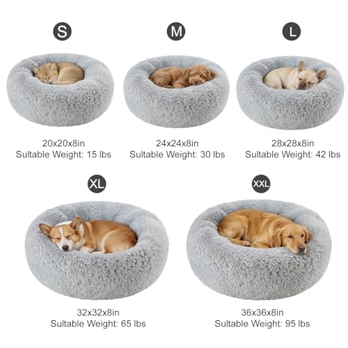 Dog Calming Beds for Small Medium Large Dogs - Round Donut Washable Puppy Dog Bed, Anti-Slip Faux Fur Fluffy Donut Cuddle Anxiety Cat Pet Bed(Light Grey 20") - color: Light Gray, size: 20"L x 20"W x 8"Th