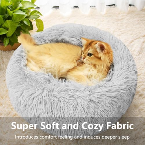Dog Beds for Small Dogs Round Cat Beds for Indoor Cats Pet Bed for Puppy and Kitten with Slip-Resistant Bottom Plush Donut Cat Bed, Light Grey (XS-38cm Light Grey)
