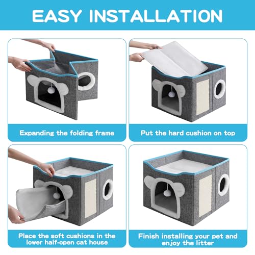 Cat House for Indoor Cats, Large Cat Bed Cave with Scratch Pad and Fluffy Ball, Foldable Cat Hideaway Condo, Kitten Bed, 16x16x13inch (Grey, Large) - color: Grey
