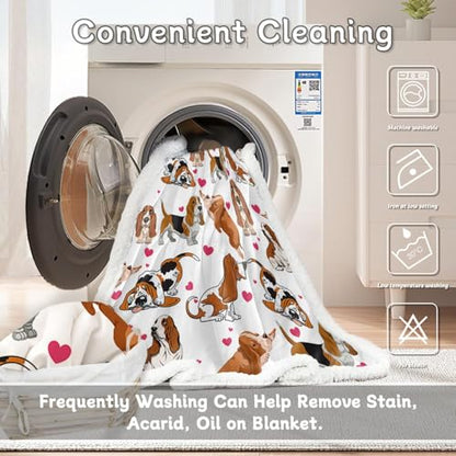 BlessLiving Basset Hound Blanket Queen Size 90x90 Inches - 3D Red Hearts Dog Print Plush & Sherpa Throw, Ultra Soft Cozy Fleece Blanket for Adults, Kids, Pet Lovers, Cute Puppy Gift - color: Basset Hound, size: Queen, 90 x 90 Inches