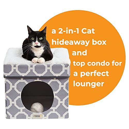 Friends Forever Taylor Upholstered Indoor Cat Bed, Collapsible Pet Cube Home, Kitten House With Sherpa Padding, Non Skid Base, Travel Friendly Foldable Ottoman Condo, Pop Up Tent Cave - Grey / Ivory