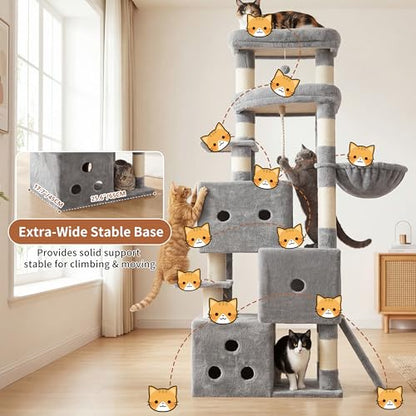 Heybly Cat Tree, 74-Inch Streamlined Cat Tower for Large Cats with 3-Tier Stacked Condos, Cat Furniture with Large Perch, Sturdy Base, Full Sisal Scratching Posts & Ramp, Light Gray HCT061W - color: Light Gray