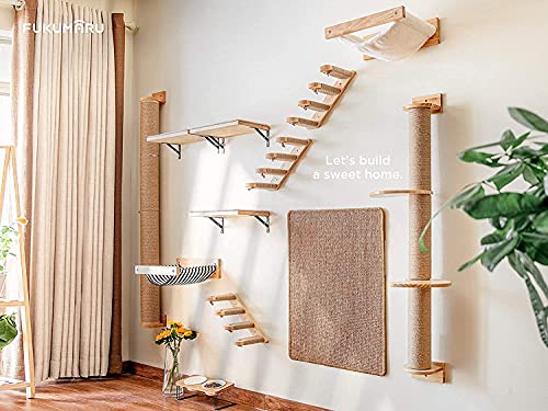 FUKUMARU Cat Activity Tree with Scratching Posts, Wall Mounted Jute Scratcher Pine Hammock