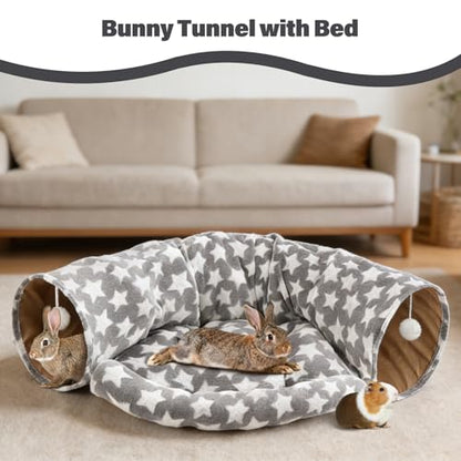 BWOGUE Bunny Tunnel Bed, 2-in-1 Collapsible Tunnel Tubes Toys with Removable Mat Hideout for Cats Kittens Rabbits Guinea Pigs Kitty (Greystar) - color: Greystar