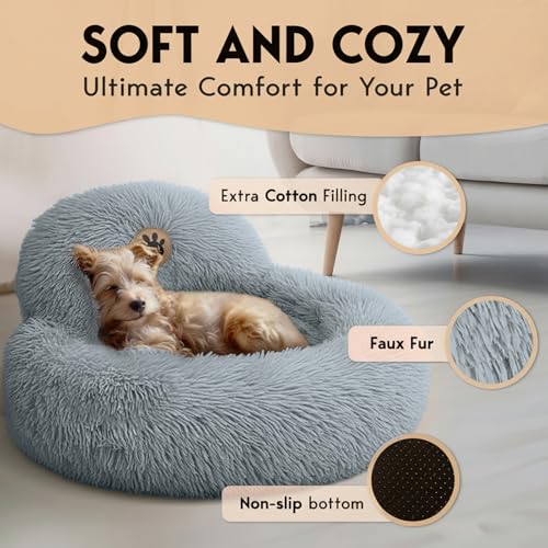 PetJett Small Dog Bed - 23'' Round Dog Beds, Calming Puppy Bed - Anti-Slip & Washable Super Soft Fluffy Plush Faux Fur Pet Bed, Anti-Anxiety Premium Comfort Donut Bed,Fits Dogs upto 25 lbs,Bright Gray - color: Bright Grey, size: Small - 23”L x 23”W x 8”Th