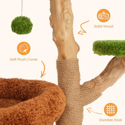 32-Inch Multi-Level Cat Tree Tower, Natural Wooden Cat Furniture with Sisal Scratching Posts, Beds & Condo, Cute Cat Tree for Indoor Cats, Multi-Cat Householdsolds - color: Green