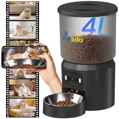Automatic Cat Feeder with 2K Camera 5G WiFi 4L Timed Dry Food Dispenser APP Control, 15 Meals Programmable 1-20 Portion Per Day Dual Power Supply with Stainless Bowl for Multiple Pet Easy Clean - color: Black-2A