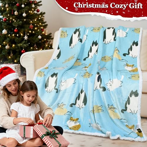 Catalonia Cat Print Sherpa Fleece Throw Blanket, Soft Mink Plush Couch Blanket, Fuzzy Fluffy Comfy Warm Throws, Comfort Caring Gift, 50x60 inches, Baby Blue - color: Cat Blue, size: 50"x60"