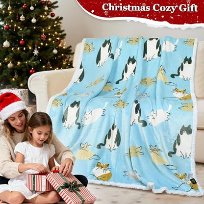 Catalonia Cat Print Sherpa Fleece Throw Blanket, Soft Mink Plush Couch Blanket, Fuzzy Fluffy Comfy Warm Throws, Comfort Caring Gift, 50x60 inches, Baby Blue - color: Cat Blue, size: 50"x60"