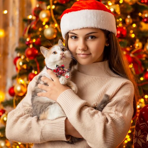 Vellibring 3 Pack Cat Collars, Christmas Flower Kitten Collars with Adjustable Breakaway Bow Tie Bell Plaid Snowflake Xmas Pet Supplies for Cats
