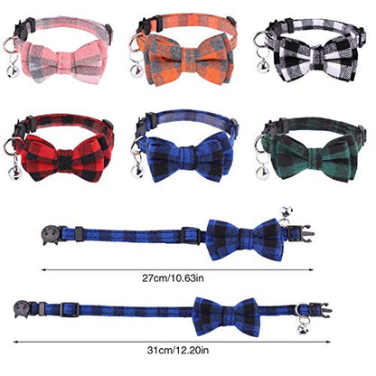 DragonflyDreams 6 PCS Cat Collars with Bow Tie and Bell,Cat Collars Plaid,Breakaway Adjustable Cat Bow Tie Collars,Cute Bow Tie Suitable for Kittens Or Certain Puppies - color: Red, Green, Blue, Pink, Black, White, Orange