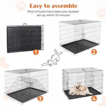 Sweetcrispy 42 Inch Dog Crate, Medium Large Crates Double Door Folding Metal Wire Dog Cage with Plastic Leak-Proof Pan Tray, Pet Kennel for Indoor, Outdoor, Travel - size: 42.5"L x 26.8"W x 29.1"H, style: Double Door