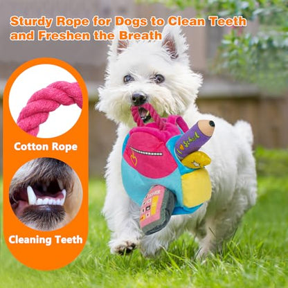 Hide and Seek Dog Toys, Squeaky Interactive Puzzle Dog Toys for Boredom and Stimulation, Dog Enrichment Toys with Rope for Small and Medium Dogs - style: I-Schoolbag