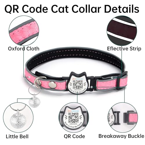 Cat Collar with Bells Reflective Cat Collars Breakaway with Oxford Cloth Soft Padding Adjustable Kitten Collar with QR Code（Pink） - color: Pink